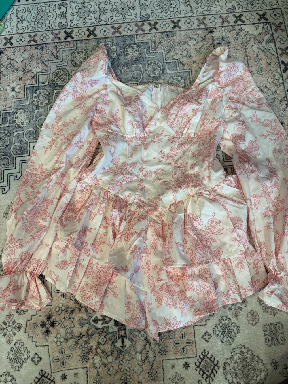 SHEIN White and Pink Floral Peplum Long-Sleeve Romper